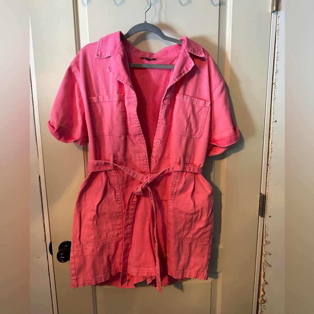 Pink denim romper